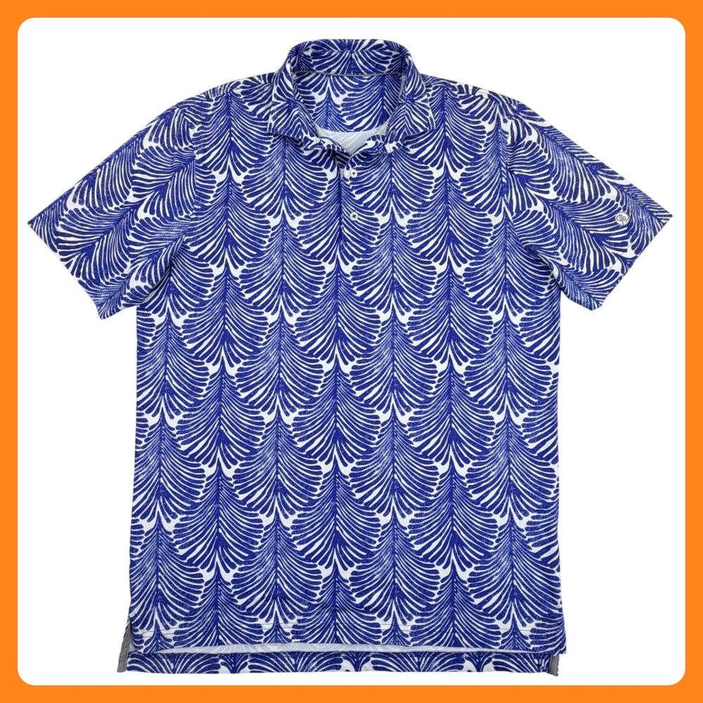 johnnie-O Polo Shirt Men Medium Blue White Palm Leaf Rancho San Lucas Los Cabos